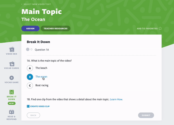 Flocabulary Break it Down example using Oceans video and Main Topic skills video for comprehension skills