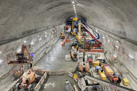 The circular Cross River Rail tunnel beneath Roma Street, where trains will run either side of the rail platforms.