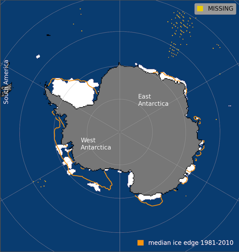 ขอบเขตน้ำแข็งในทะเลแอนตาร์กติก วันที่ 21 กุมภาพันธ์ พ.ศ. 2023
