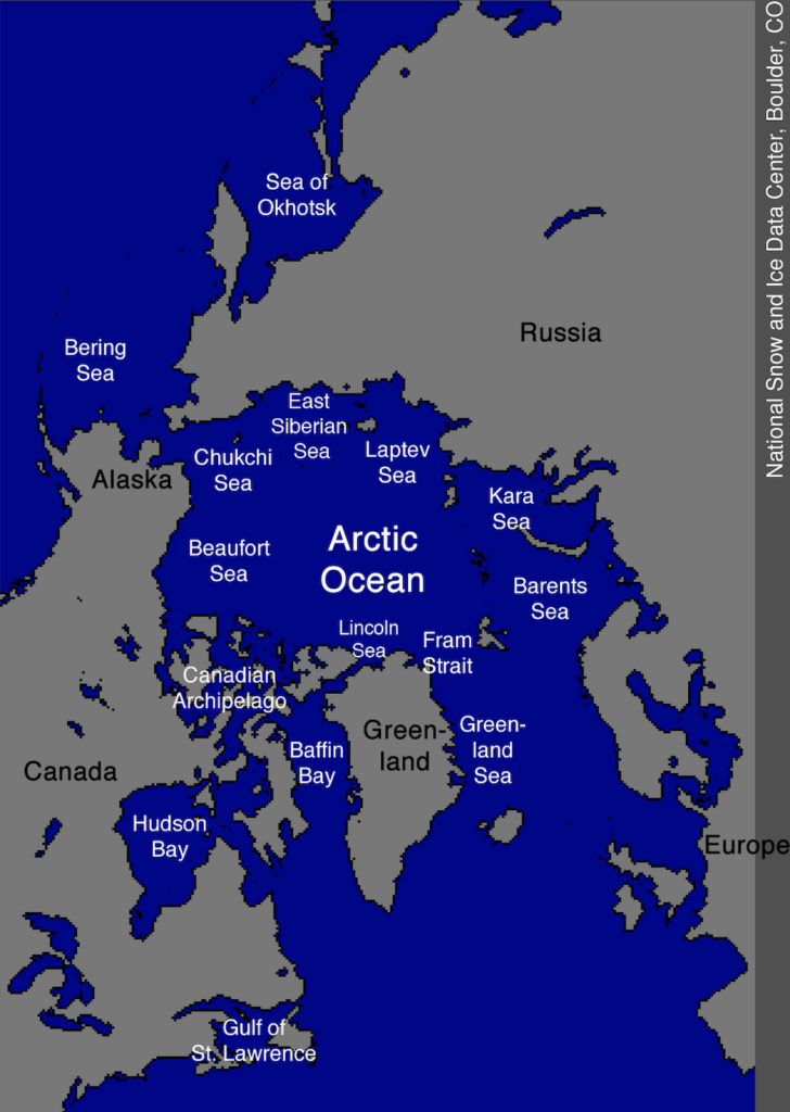 Les mers régionales qui composent l'océan Arctique.