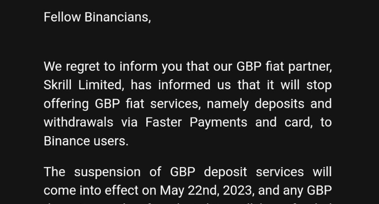 A Binance 9 héten belül elveszíti GBP-s be- és kikapcsolási szolgáltatóját