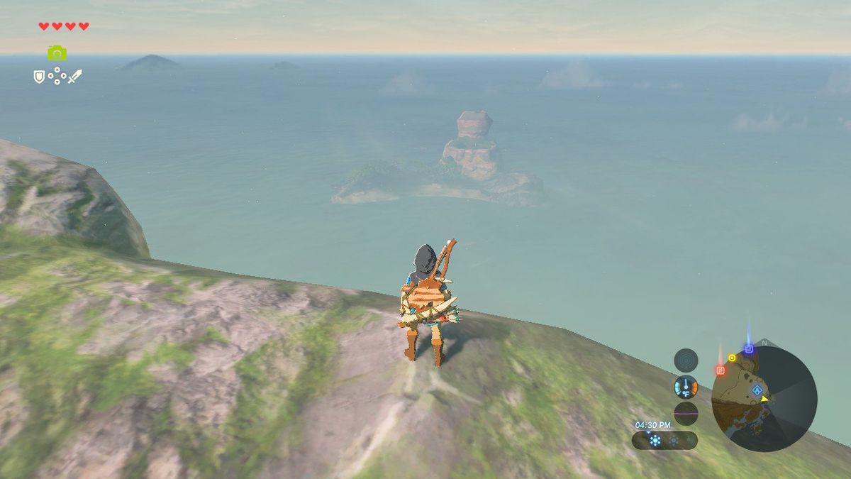 Link is on a cliffside gazing upon the distant Eventide Island in The Legend of Zelda: Breath of the Wild.