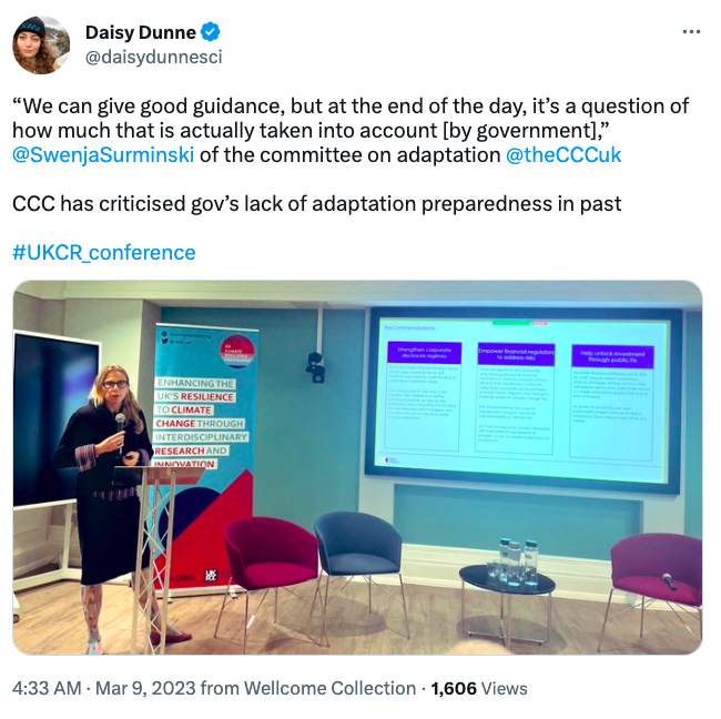 Tweet de @daisydunnesci citant Swenja Surminski du Comité des changements climatiques