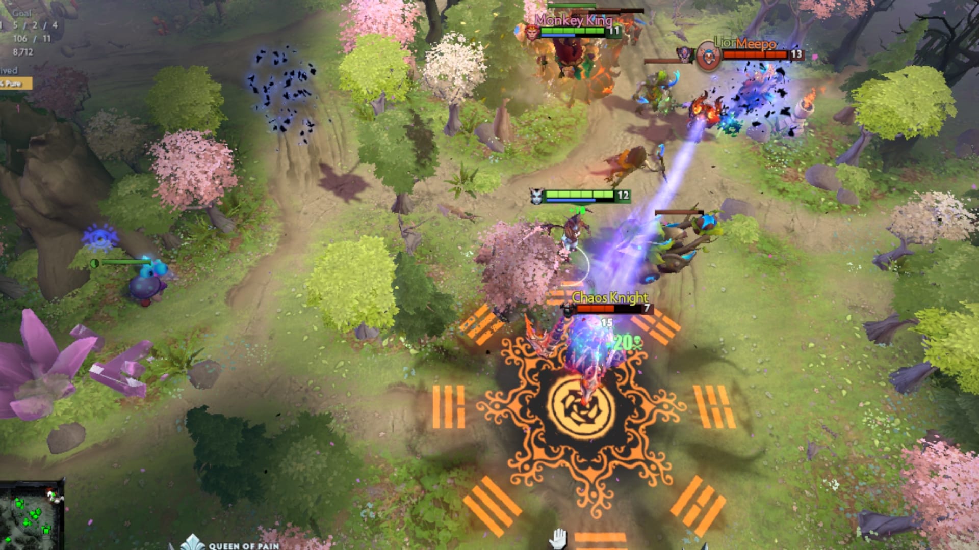 Queen of Pain slows enemies to fight them while Monkey King uses Tree Dance