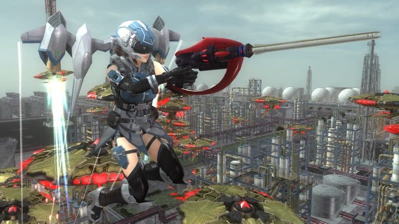 Earth Defense Force 5 - The Wing Diver greeting flying saucers.