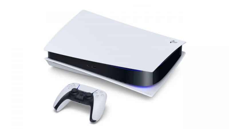 The new Sony PS5 console, a sleek white and black design with angled edges.