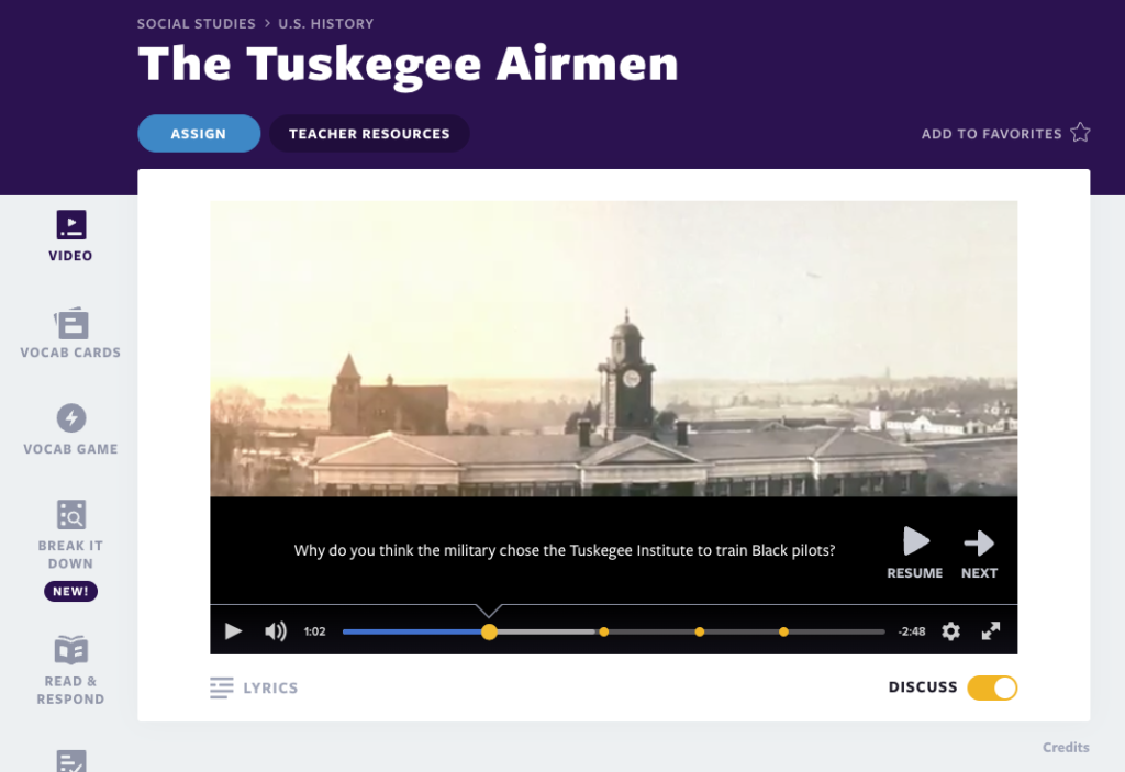 Authentic learning experiences using engaging educational videos, such as Flocabulary's Tuskegee Airmen