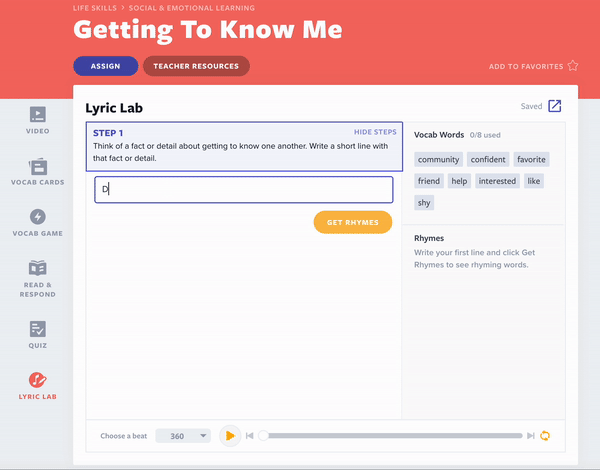 Getting to know me Lyric Lab activity