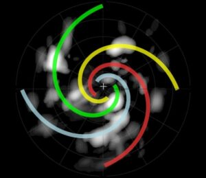 Lengan spiral gas dan debu terlihat di sekitar protobintang masif