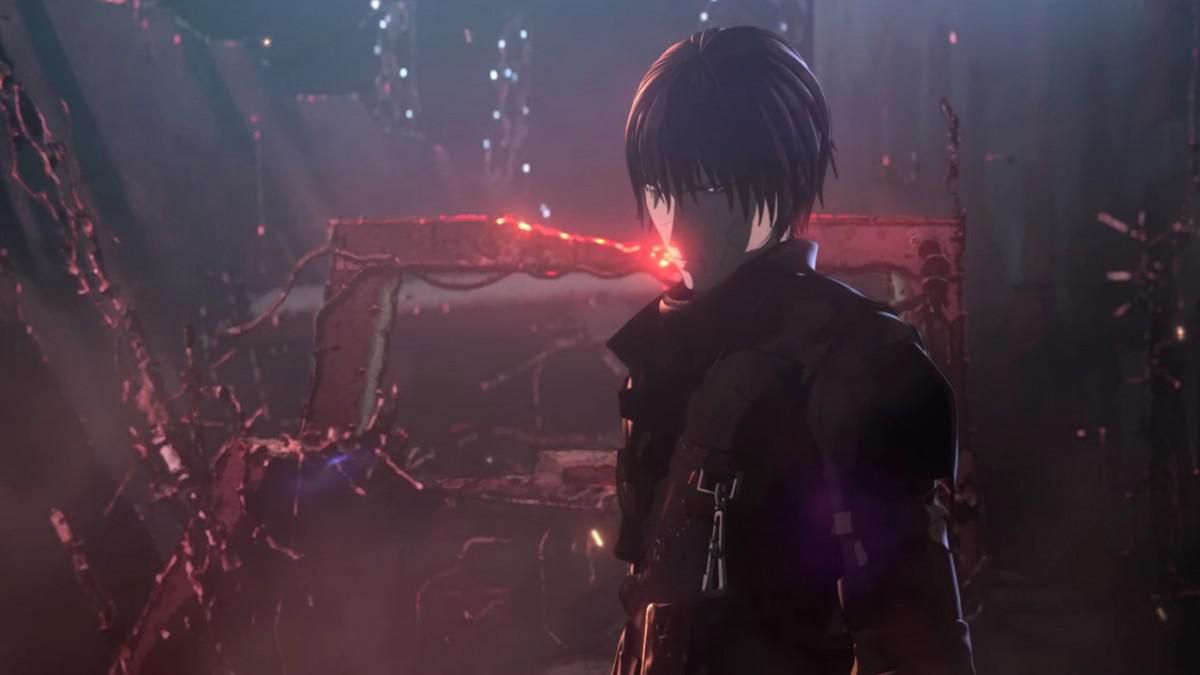 An anime man (Killy) with short black hair in an armored suit stands in front of a twisted glowing metal debris in Blame (2017)