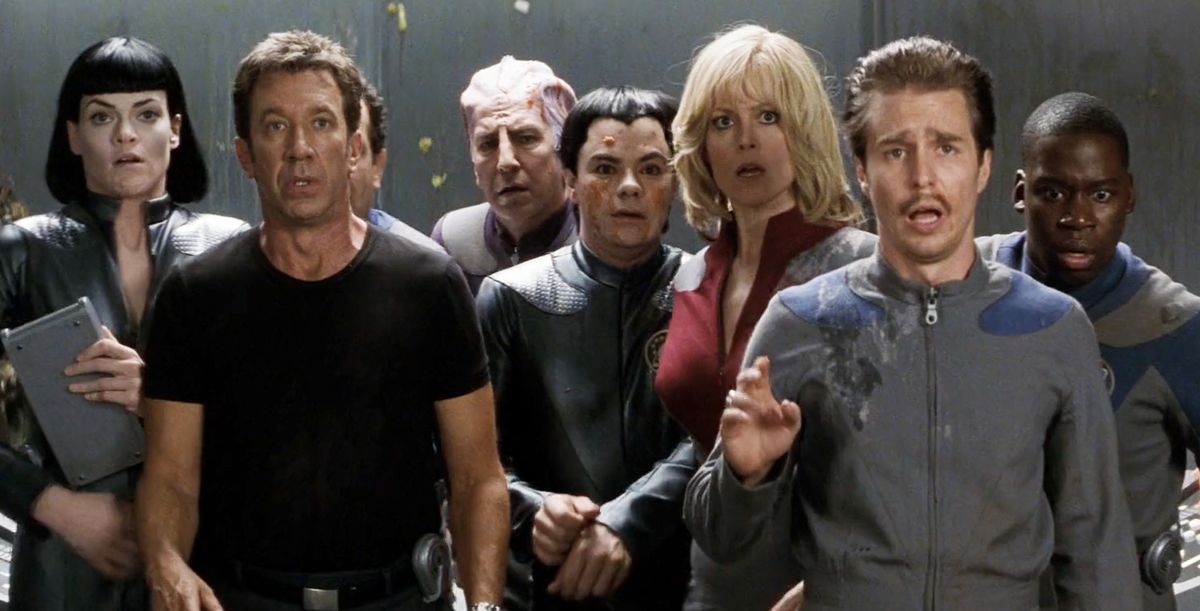Missi Pyle, Tim Allen, Alan Rickman, Enrico Colantoni, Sigourney Weaver, Sam Rockwell, and Daryl Mitchell in Galaxy Quest.