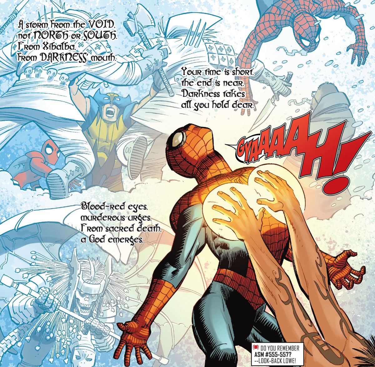 Über Bildern von Spider-Mans früheren Abenteuern wimmelt es von gereimten Versen, als ein Typ mit seltsamen Tätowierungen in „Amazing Spider-Man #21“ (2023) seine Brust mit energiespendenden Händen berührt.