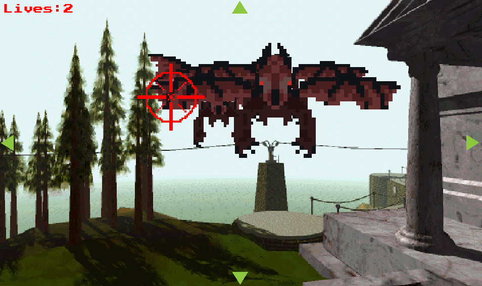 Myst FPS - pixellated, tiny winged demons attack the player on the step of a marble building from Myst