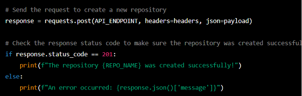 Code snippet of creating a new repository
