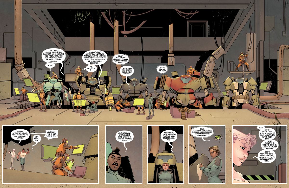 Our five heroic Forged Troopers, all buff women, ready their specialized mech suits for a mission, arguing mightily with male techs before their leader, Vic, calls them to attention and orders them to sound off, in The Forged #1 (2023).