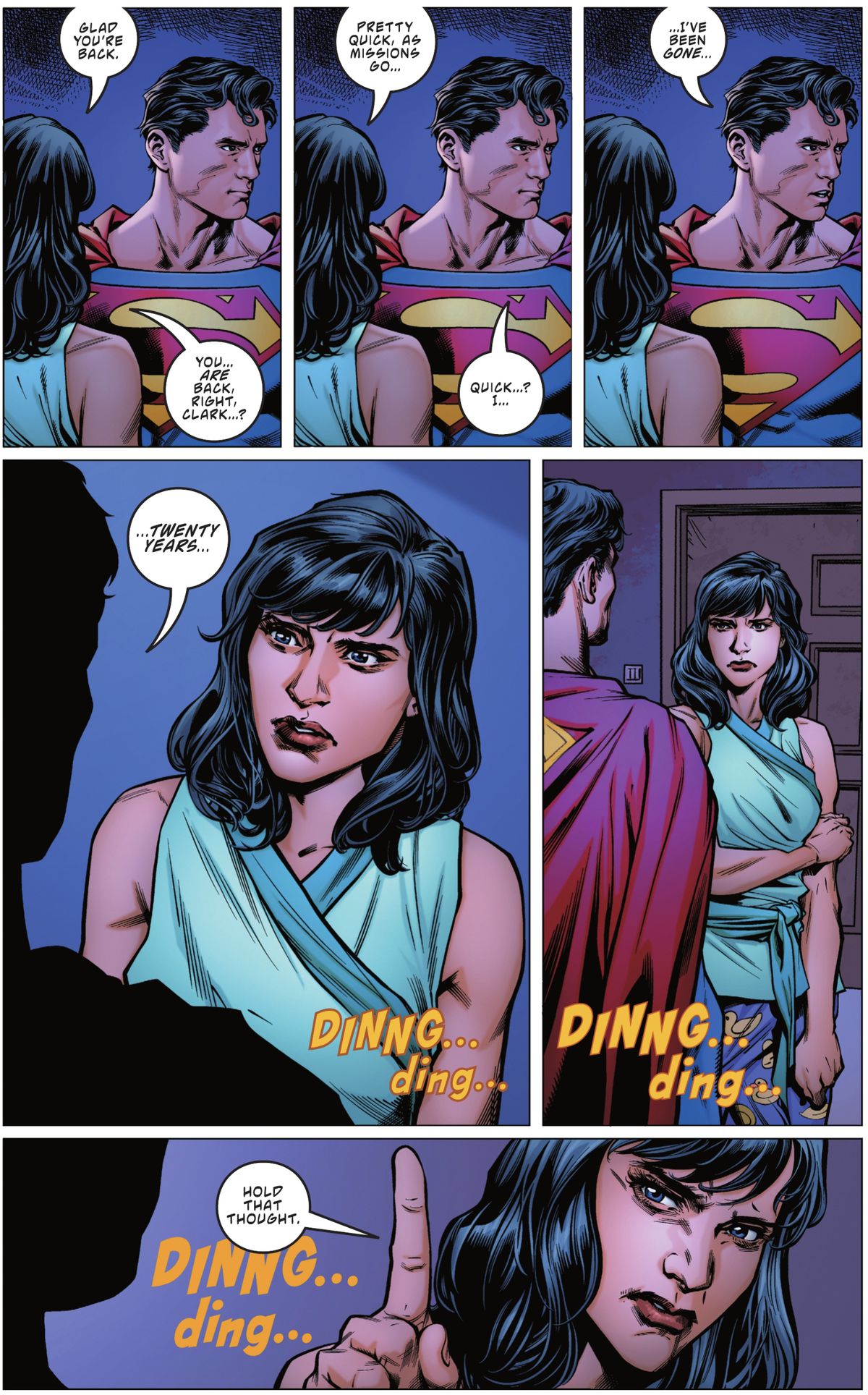 »Vrnil si se,« pravi Lois Lane šokiranemu Supermanu, ki miruje v njihovem stanovanju. "Precej hitro, kot gredo misije." Po dolgi tišini končno reče »Hitro? Jaz ... že dvajset let me ni." Nato zazvoni zvonec v Supermanu: Izgubljeni #1 (2023).