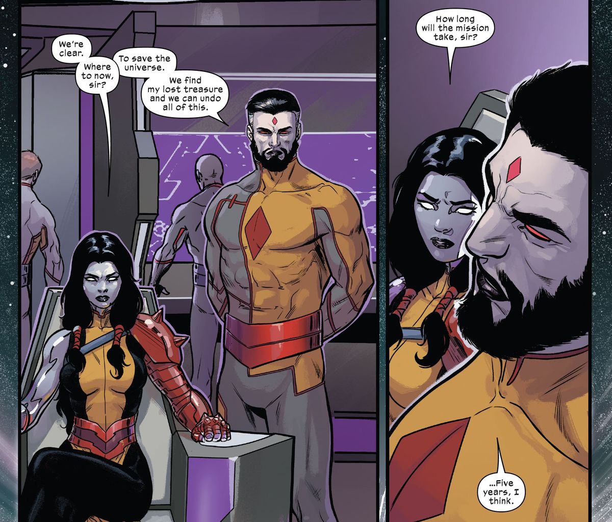 “Where to now, sir?” Rasputin says from the captain’s chair of a starship. “To save the universe,” answers Mister Sinister, saying that it’ll only take “Five years. I think,” in Immoral X-Men #2. 