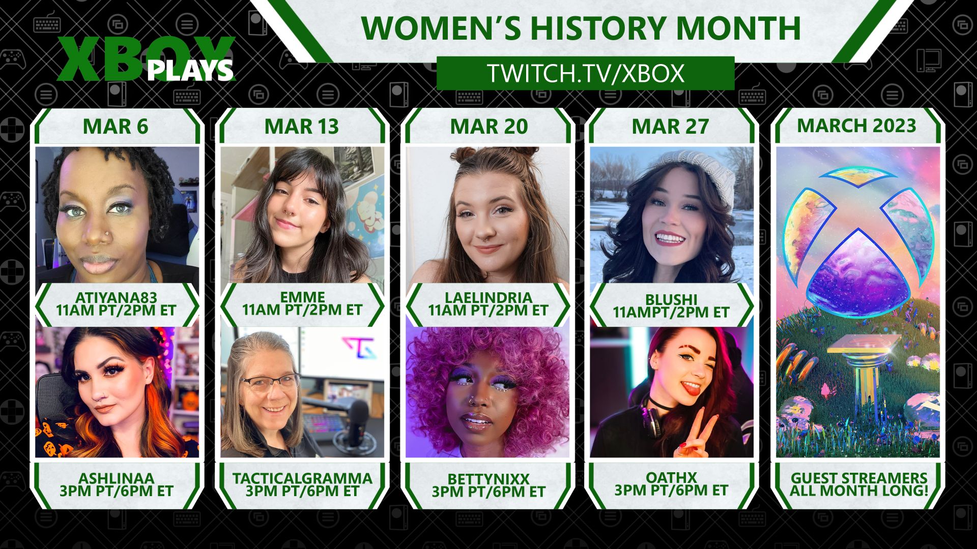 En samlingsbild med åtta kvinnliga spelare på Xbox Plays for Women's History Month på twitch.tv/xbox.