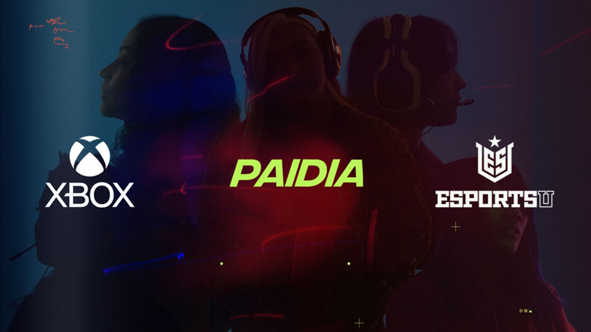 Xbox, Paidia och EsportsU logotyper över bild av fem kvinnliga spelare som betecknar partnerskap för att stärka och förstärka möjligheter för kvinnor inom spel.