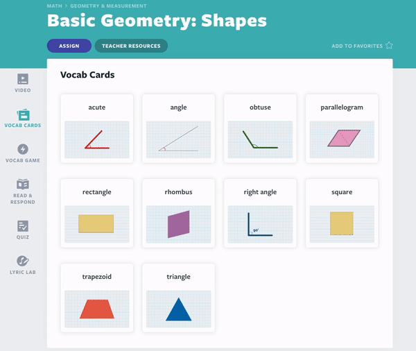 Vocab-kortteja geometriasta, jota käytetään kesäkoulun toiminnassa