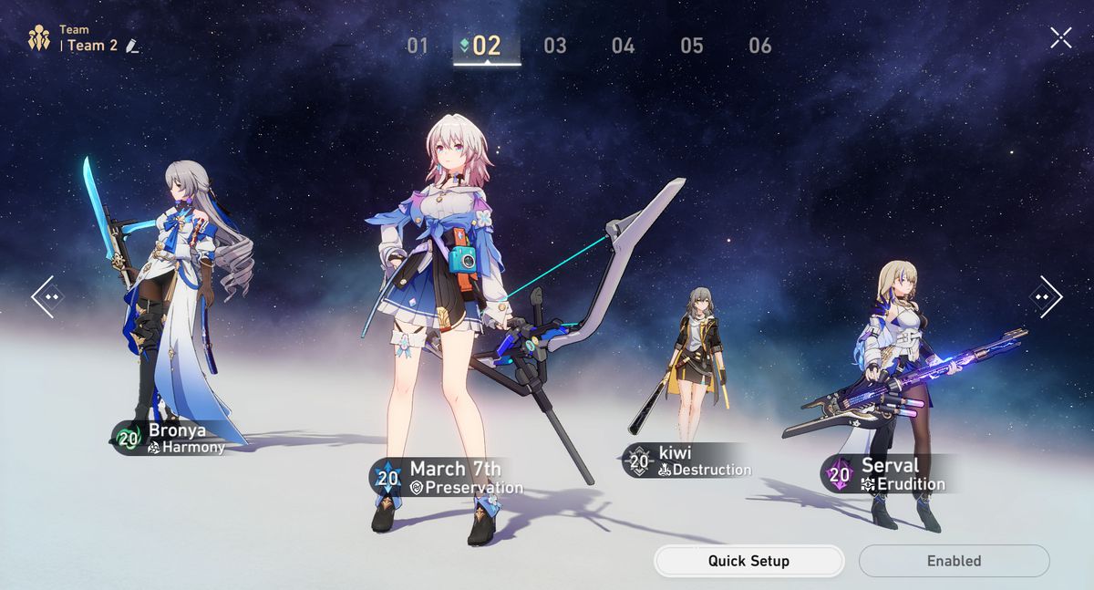 A team of four different characters in Honkai: Star Rail — Bronya, March 7th, the Trailblazer, and Serval