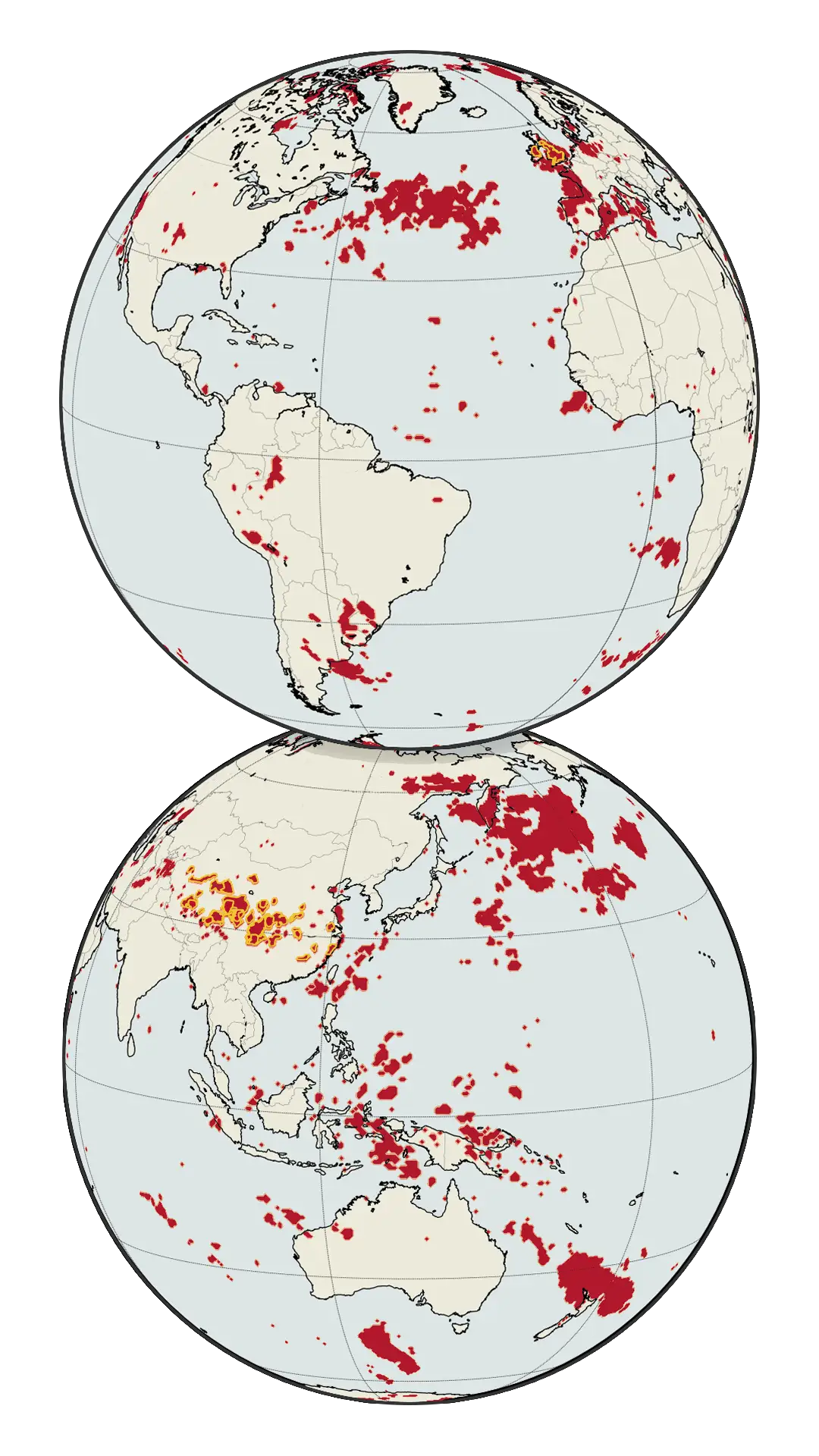 دنیا کا نقشہ پچھلی دہائی کے دوران ریکارڈ درجہ حرارت والے علاقوں کو دکھا رہا ہے۔