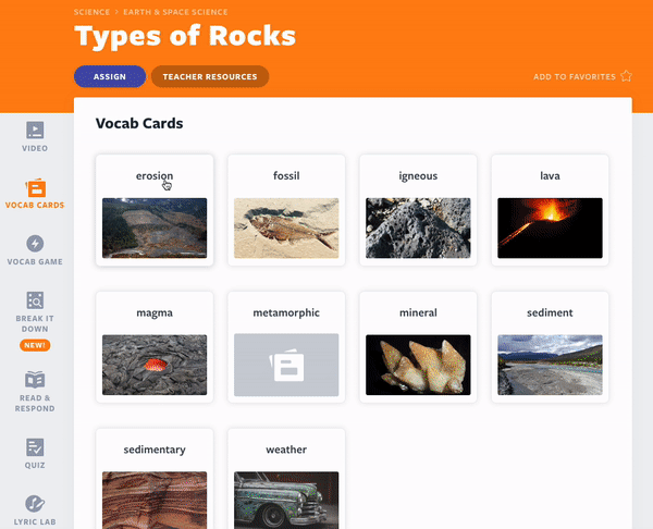 Tarjetas de vocabulario sobre tipos de rocas