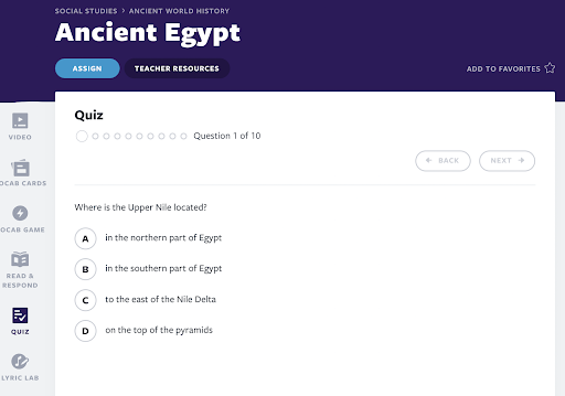 Quiz na Flocabulary o starożytnym Egipcie
