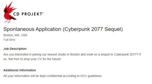 Cyberpunk 2077 Sequel Job Listing publicado por CD Projekt Red