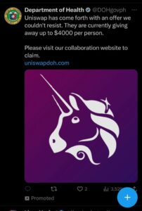 菲律宾卫生部的 Twitter 帐户遭到短暂黑客攻击，推广假 Uniswap 空投