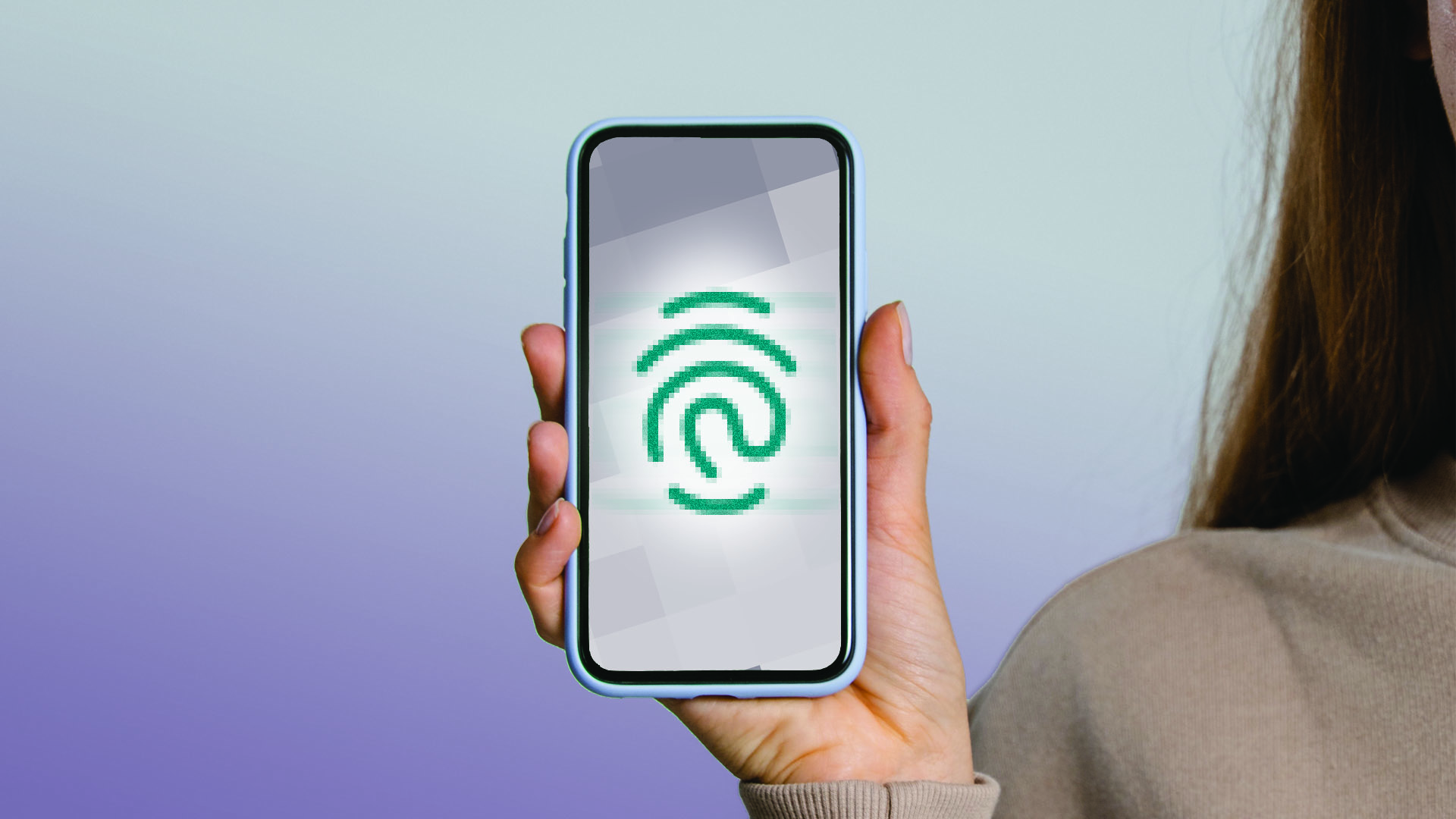 Digital fingerprint: woman holding phone with fingerprint icon