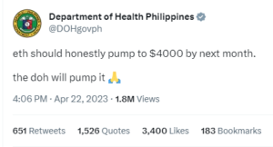 Ο λογαριασμός Twitter της DOH εξακολουθεί να ισχυρίζεται ότι "θα αντλήσει ETH"