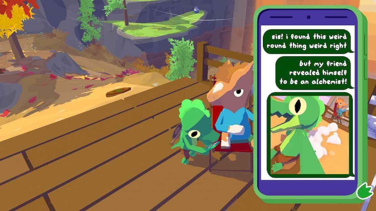 An image of a little gator texting their sister in Lil Gator Game. There is a goofy selfie on the phone. The texts read: “sis! i found this weird round thing weird right / but my friend revealed himself to be an alchemist!”