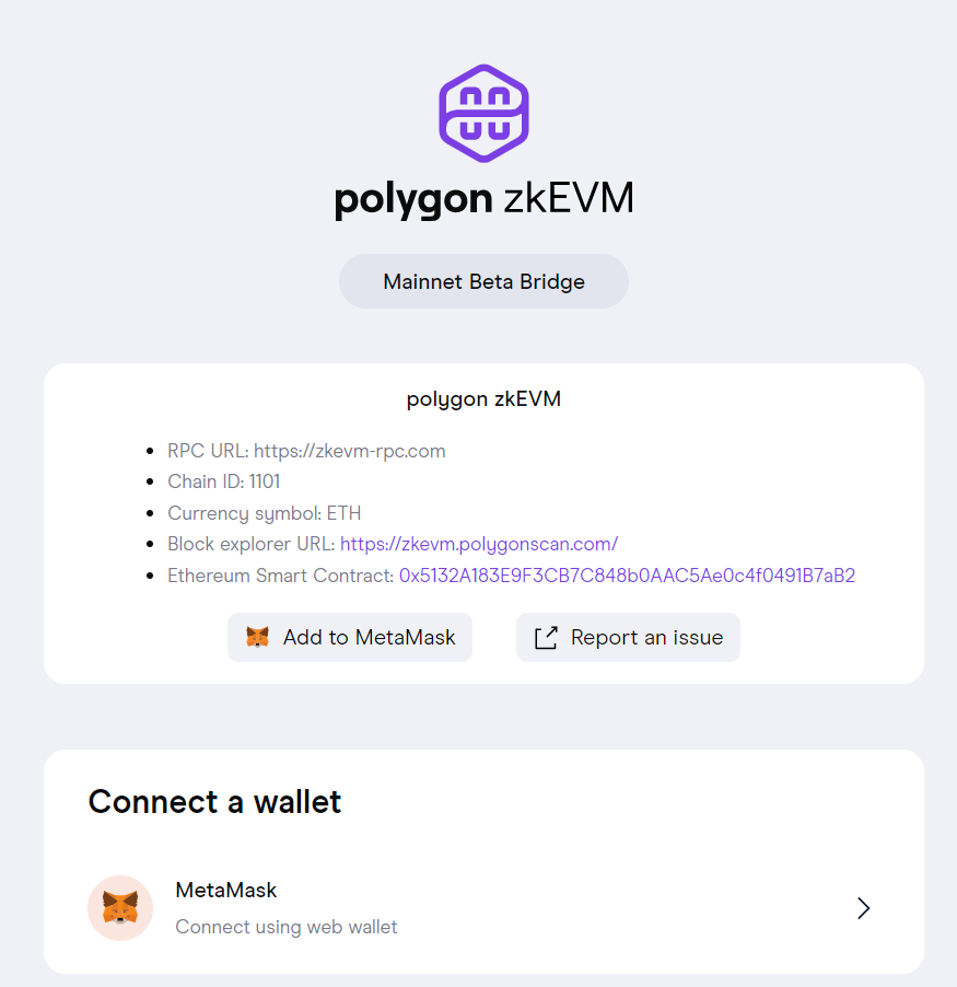 Interfaz de usuario del puente Polygon zkEVM