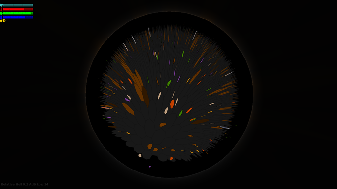 Una captura de pantalla de Relative Hell, un juego de disparos arcade que utiliza una geometría compleja.
