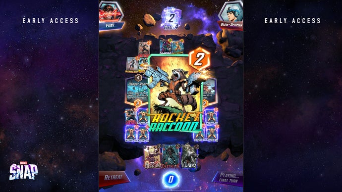 Det digitale kortspil Marvel Snap. Et Rocket Raccoon-kort dominerer skærmen her. Det er lyst og farverigt.