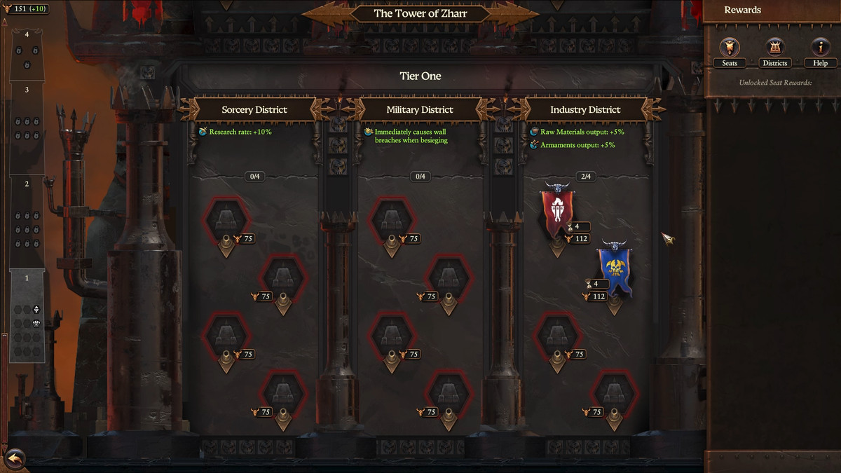 The seats and districts in the Tower of Zharr in Total War: Warhammer 3’s Forge of the Chaos Dwarfs DLC