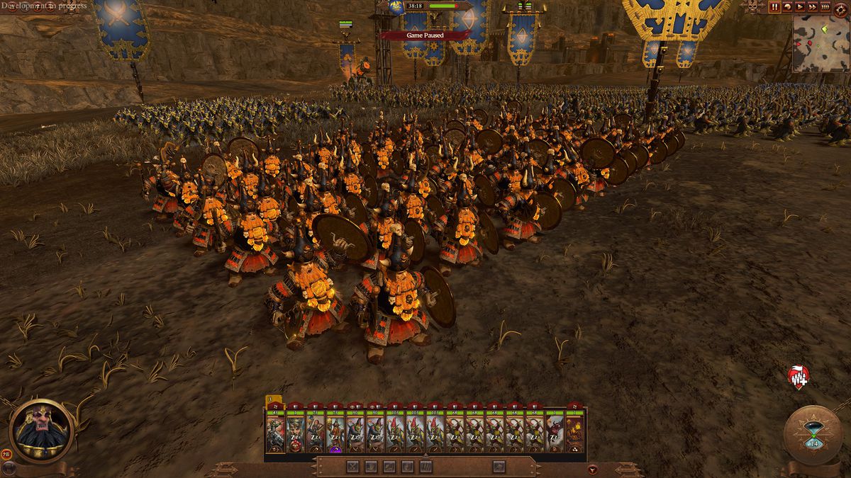 A legion of Chaos Dwarf warriors with flaming beards in Total War: Warhammer 3’s Forge of the Chaos Dwarfs