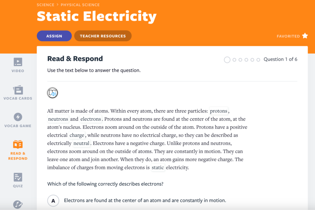 Static Electricity science Read & Respond assessment