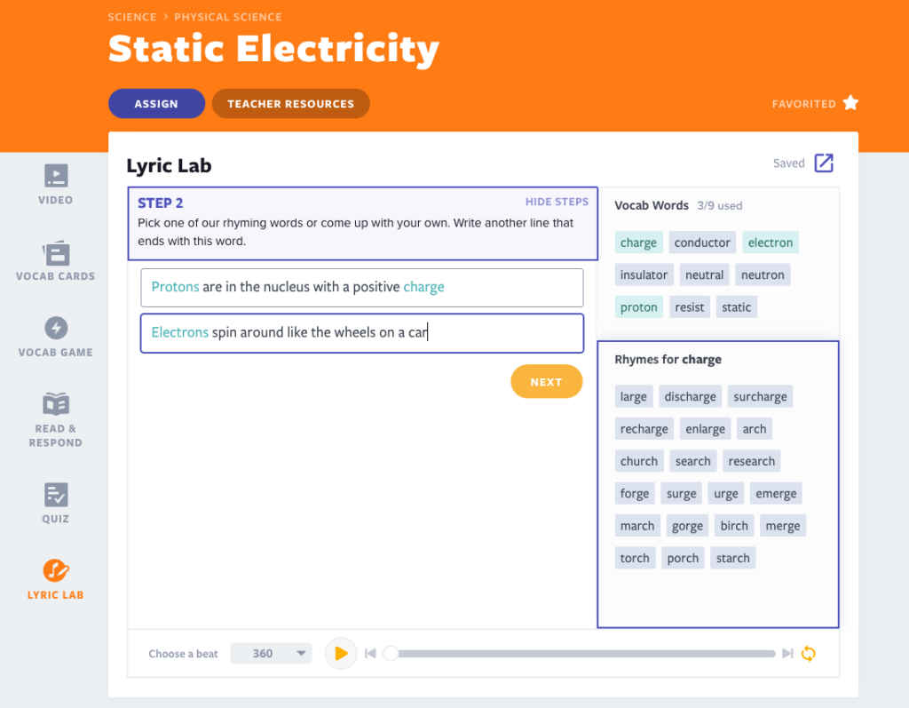 Static Electricity science Lyric Lab activity