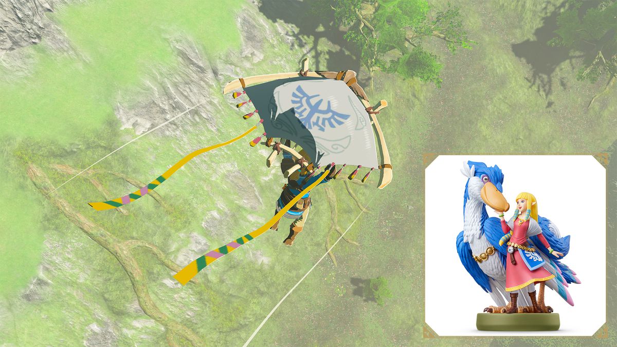 Link glides over a chasm in Tears of the Kingdom using a blue and brown patterned glider. The Tears of the Kingdom Link amiibo is shown in the bottom corner.