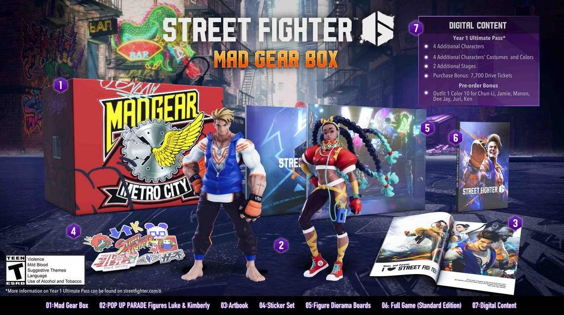 A stock image of everything that comes packaged with the Collector’s Edition of Street Fighter 6 including a pair of figurines and an artbook.