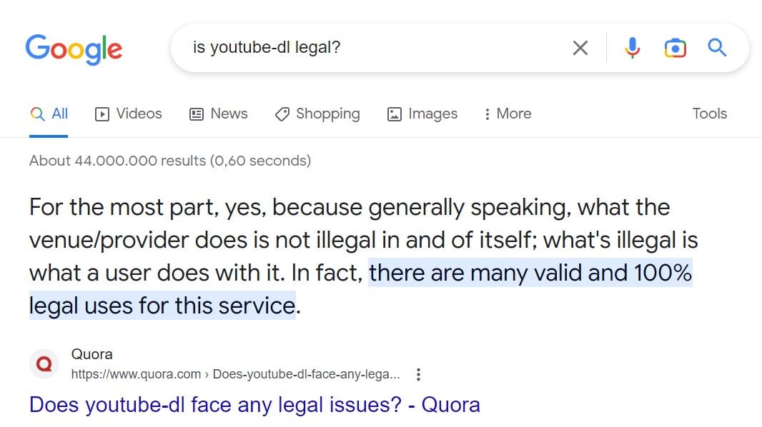 youtube-dl legal search