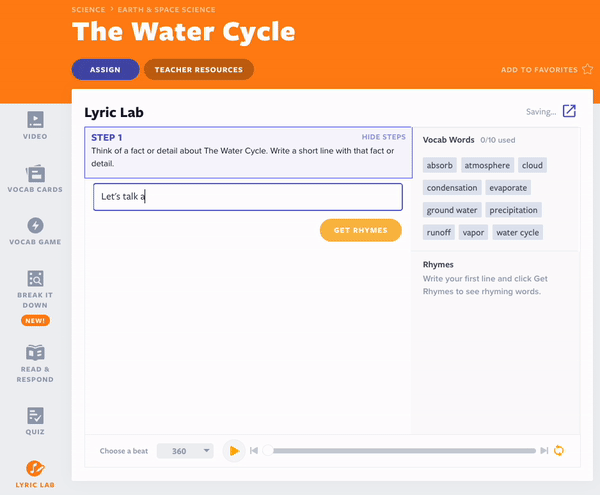 The Water Cycle Lyric Lab để sử dụng từ vựng