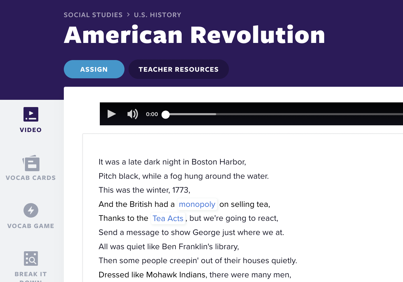 Lời bài hát video bài học Cách mạng Hoa Kỳ