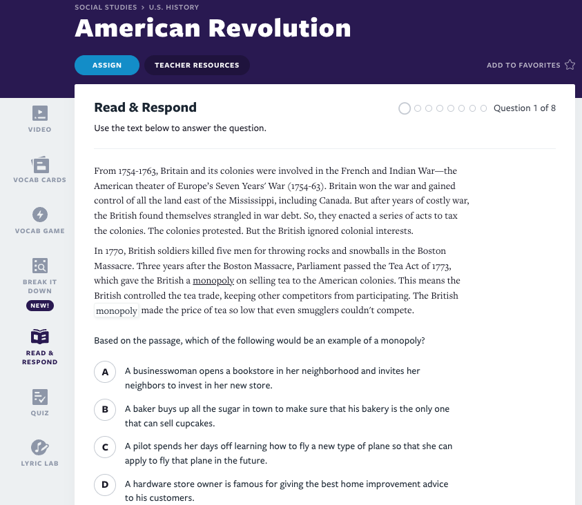 American Revolution Read and Respond