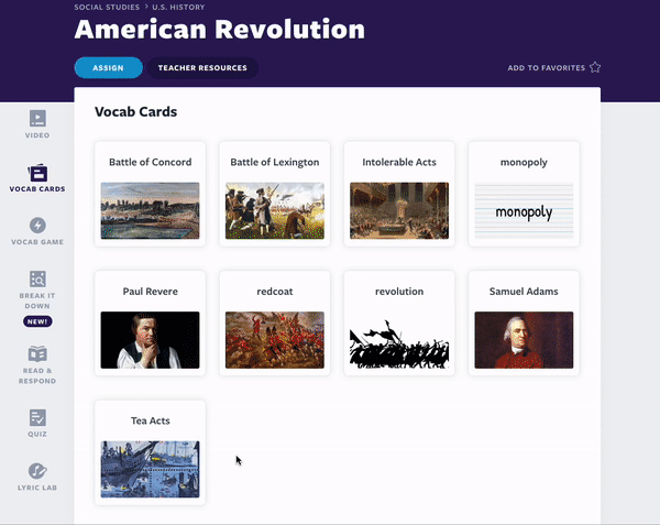 American Revolution video leksjon Vocab Cards ordforråd anskaffelse aktiviteter