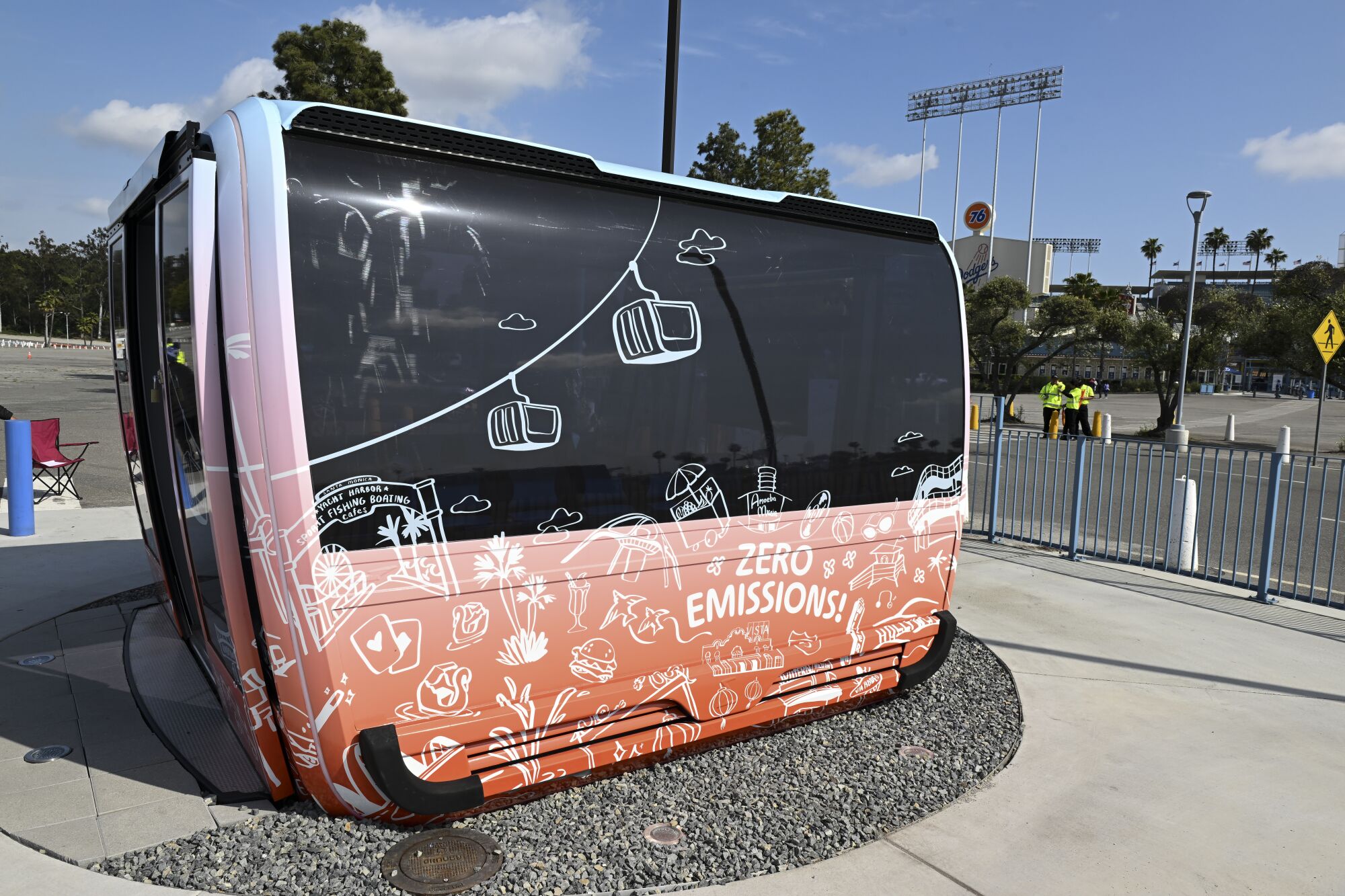 A gondola cabin on display in Dodger Stadium parking lot.