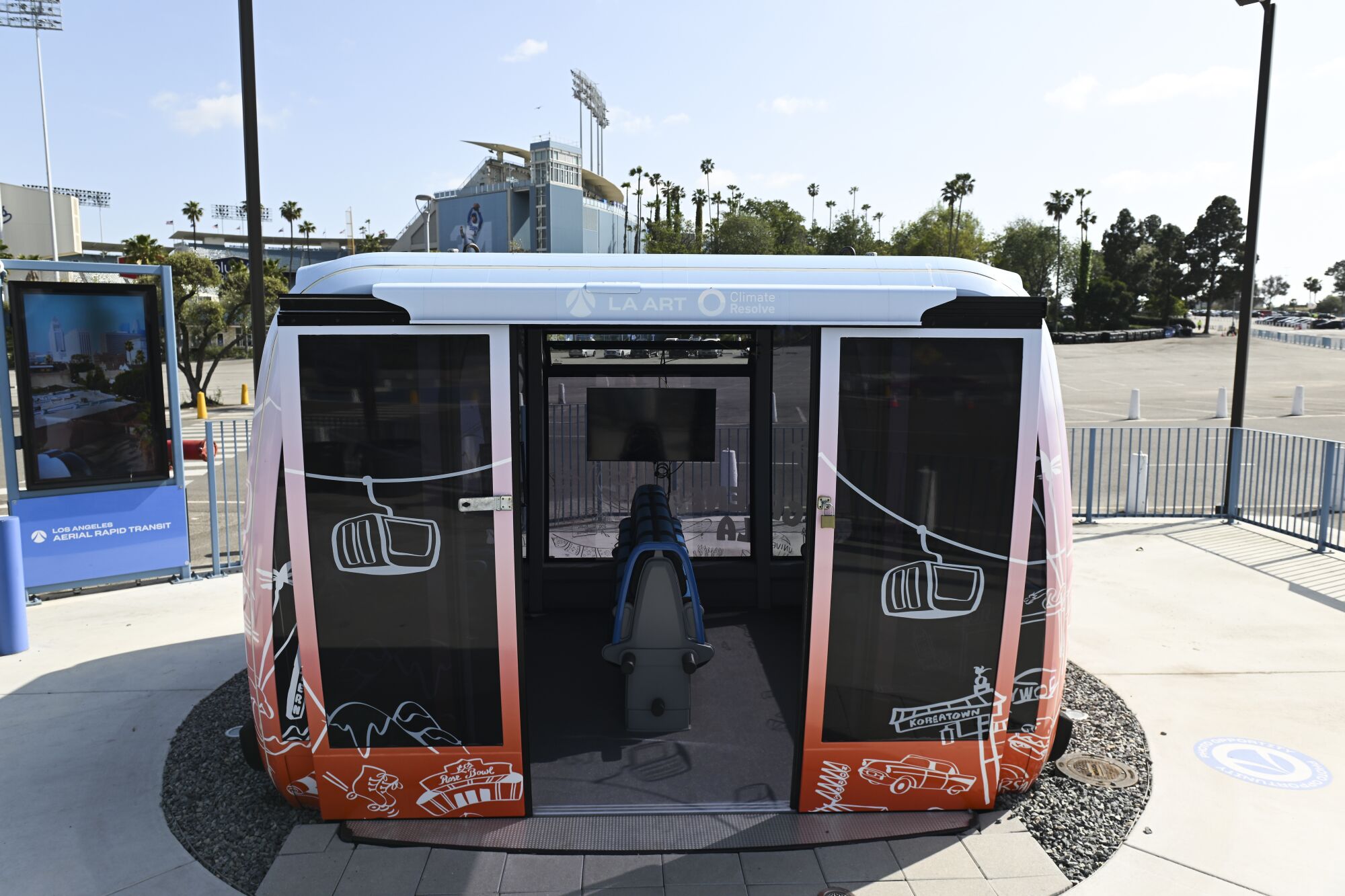  Gondola cabin on display in the Dodger Stadium parking lot on Tuesday, April 18, 2023 in Los Angeles, CA