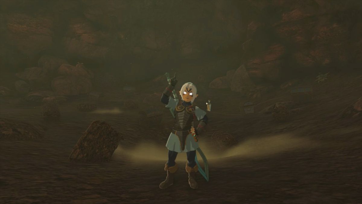 Link wears the flamebreaker armor while standing under twinkle lights in Zelda Tears of the Kingdom.